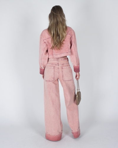 WIDE LEG JEANS OMGESLAGEN PIJP ROZE
