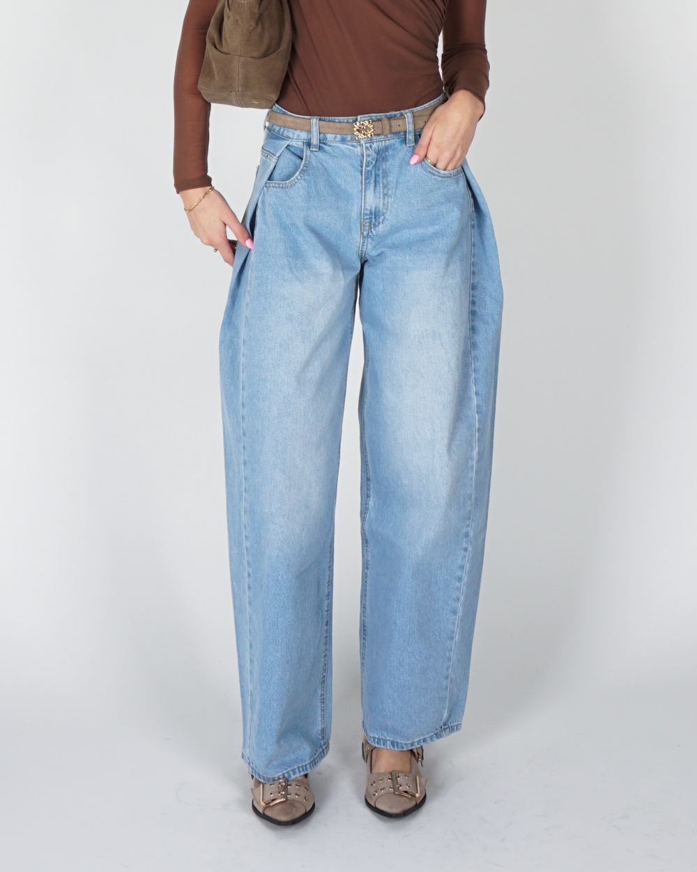 WIDE LEG JEANS MET PLOOIEN BLAUW