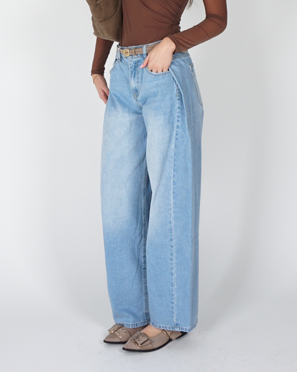 WIDE LEG JEANS MET PLOOIEN BLAUW