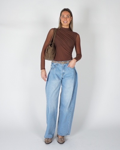 WIDE LEG JEANS MET PLOOIEN BLAUW