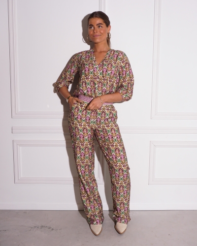 BROEK MET PRINT PAARS/GROEN