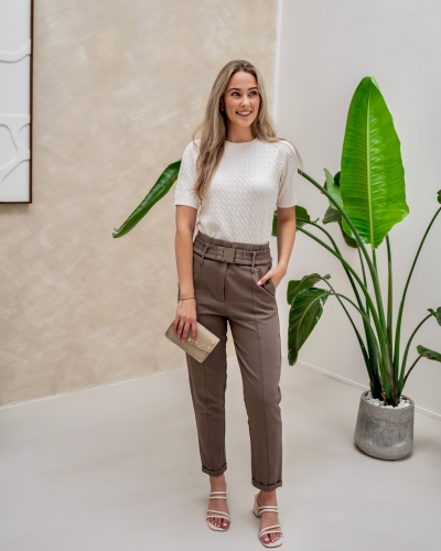 YAYA WOVEN BROEK MET RIEM DETAIL BRUIN