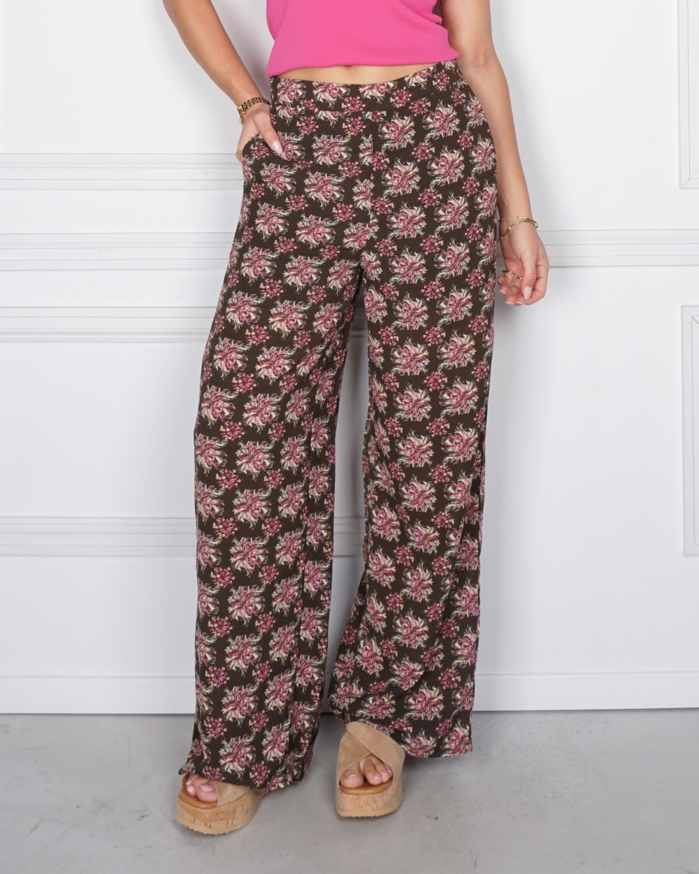 BROEK OLIVA BRUIN/ROZE