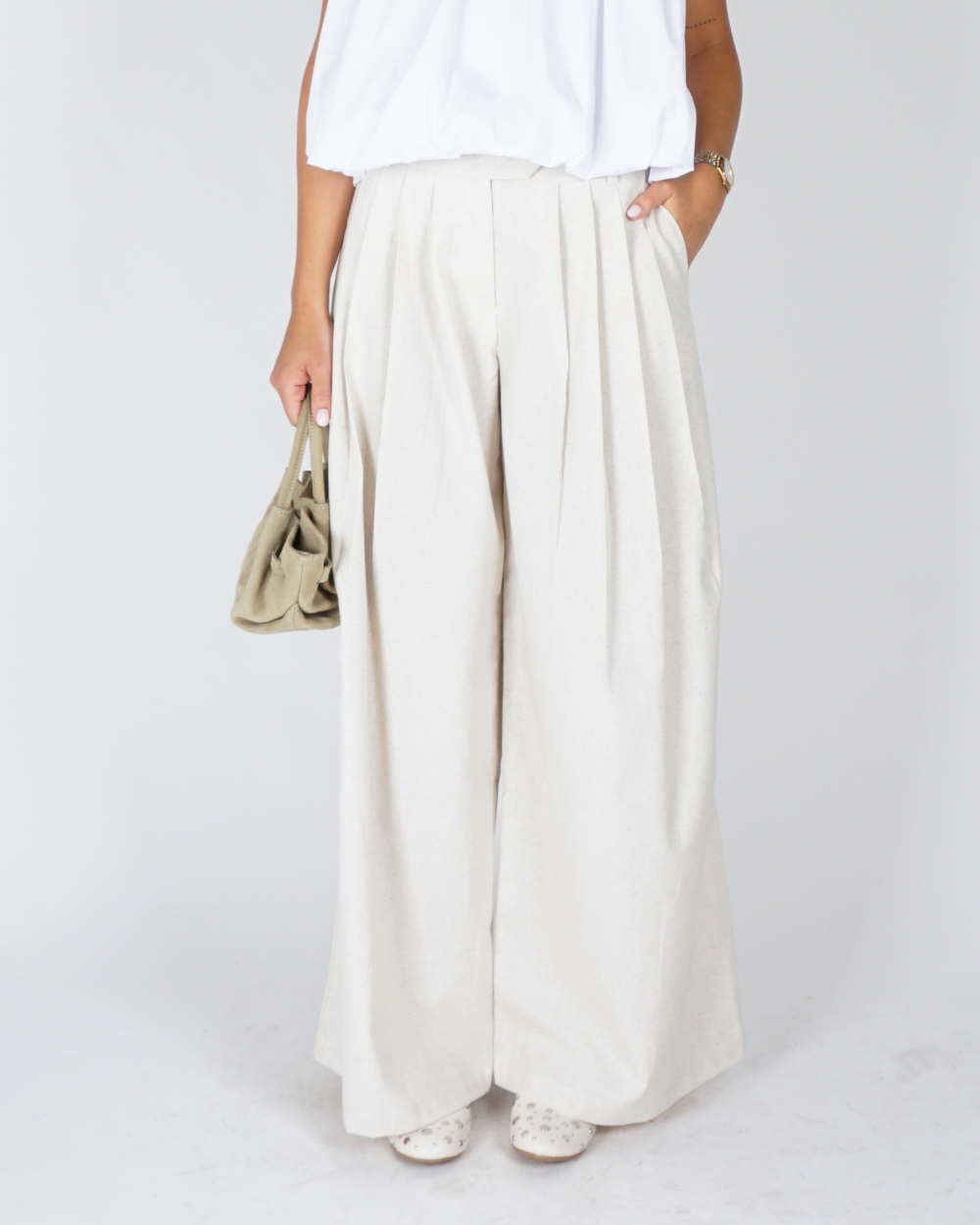 PANTALON IN LINNEN LOOK BEIGE