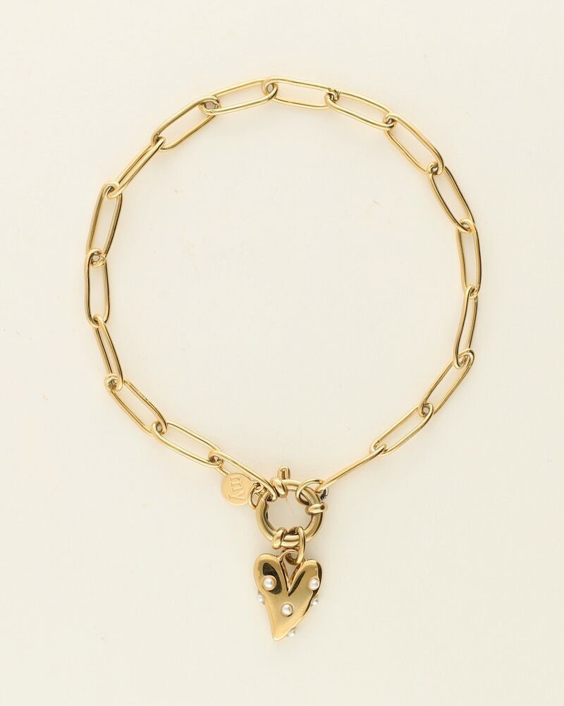 ARMBAND MET GROOT HART EN PARELS GOUD
