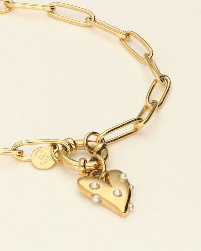 ARMBAND MET GROOT HART EN PARELS GOUD