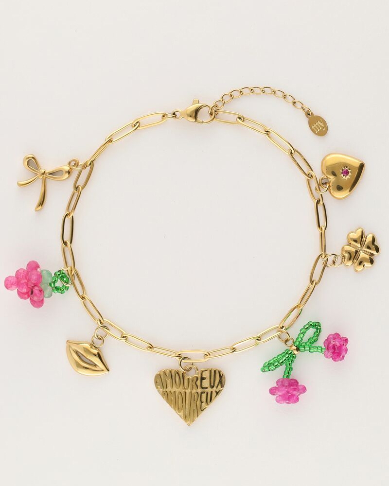 SCHAKELARMBAND MET VERSCHILLENDE BEDELS KERS GOUD
