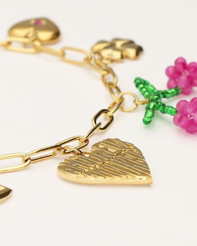 SCHAKELARMBAND MET VERSCHILLENDE BEDELS KERS GOUD