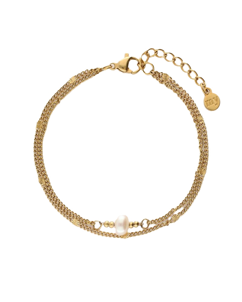 MINIMALISTISCHE DUBBELE ARMBAND MET MUNTJES EN IMITATIEPAREL GOUD