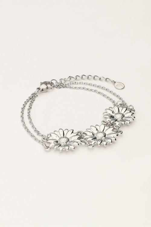 DUBBELE ARMBAND MET DRIE BLOEMEN ZILVER