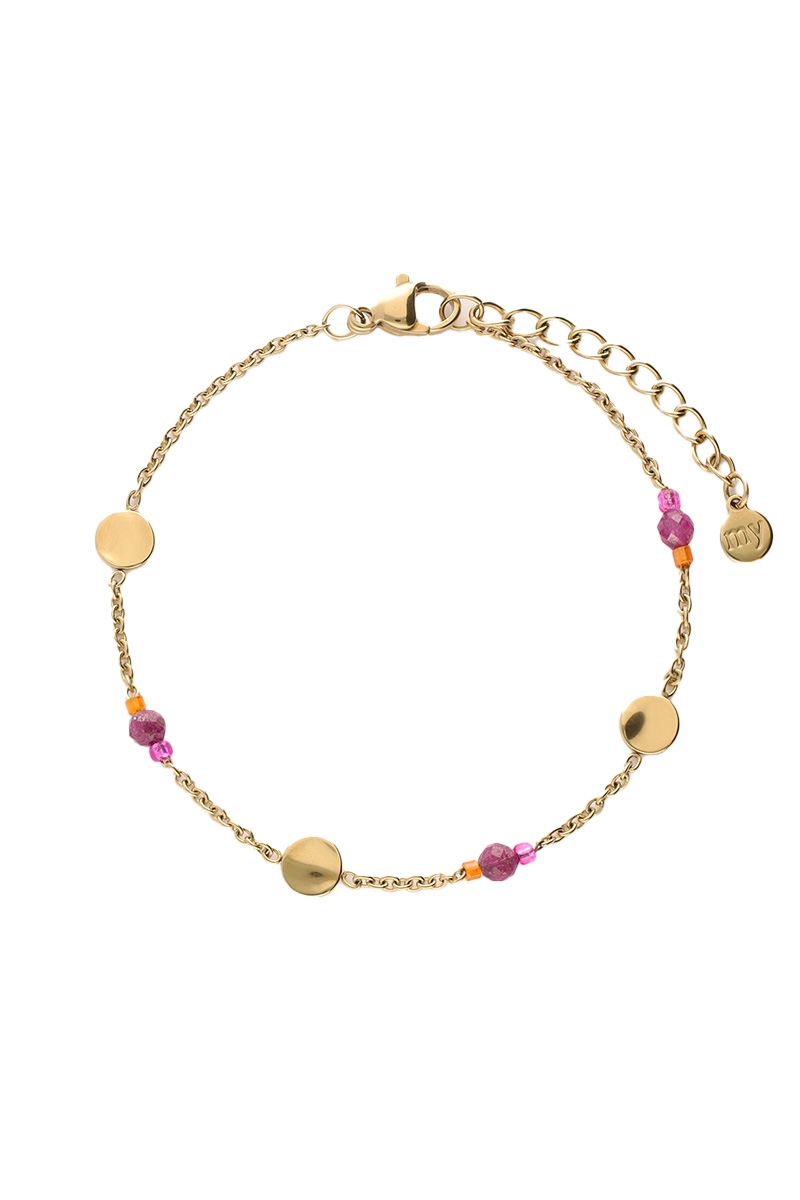 ARMBAND MET MUNT EN PAARSE KRALEN GOUD
