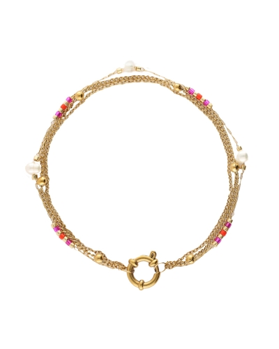 DRIEDUBBELE ARMBAND MET ROZE KRALEN EN ZOETWATERPARELS