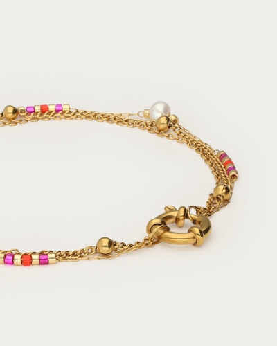DRIEDUBBELE ARMBAND MET ROZE KRALEN EN ZOETWATERPARELS