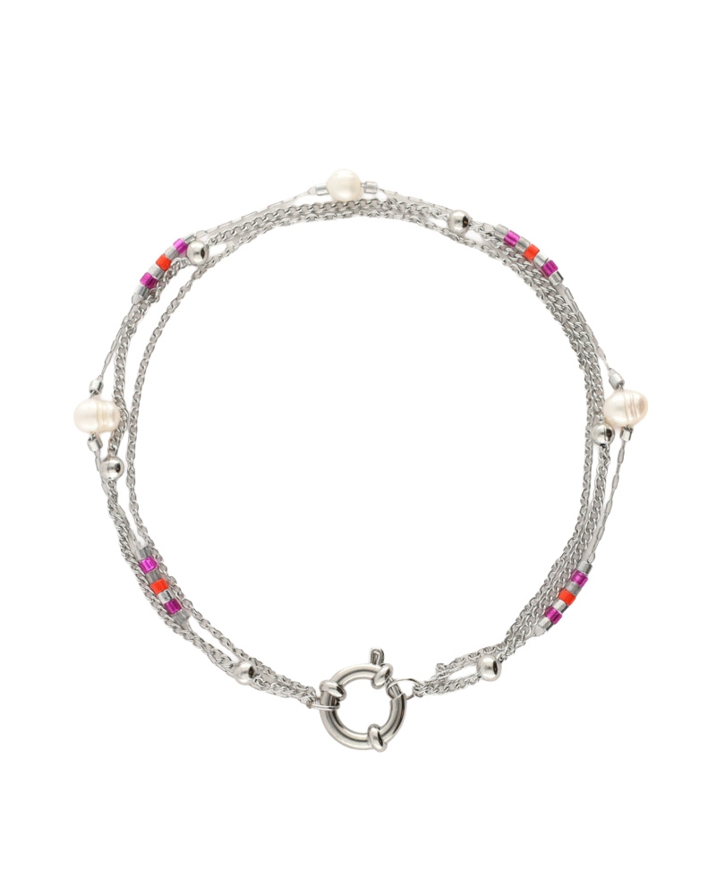 SUNROCKS DRIEDUBBELE ARMBAND MET ROZE KRALEN & ZOETWATERPARELS
