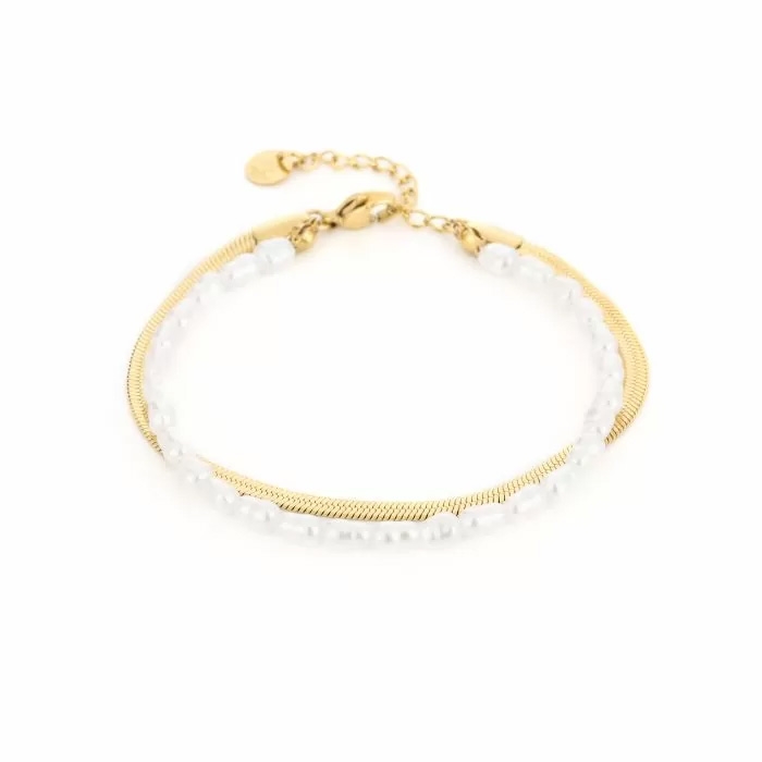 DUBBEL ARMBAND SNAKE EN PARELS GOUD