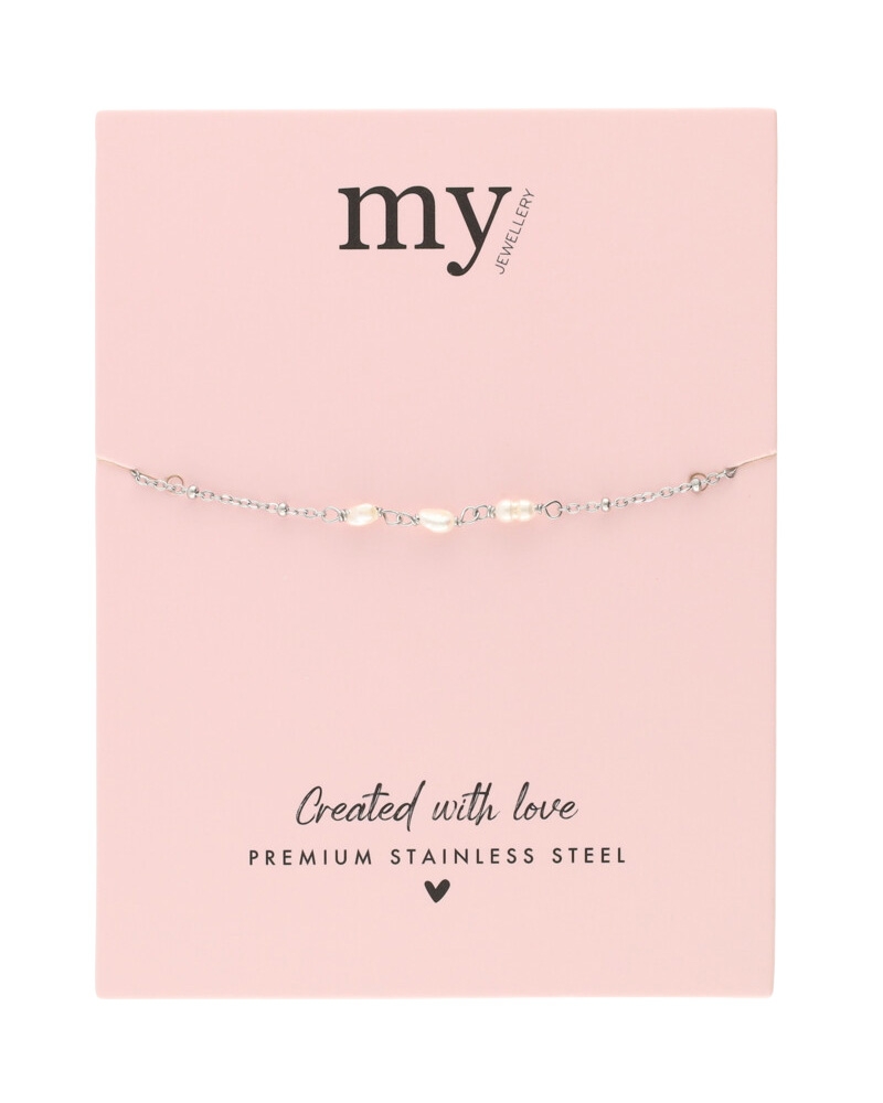 ARMBAND MET DRIE ZOETWATERPARELS & BOLLETJES ZILVER