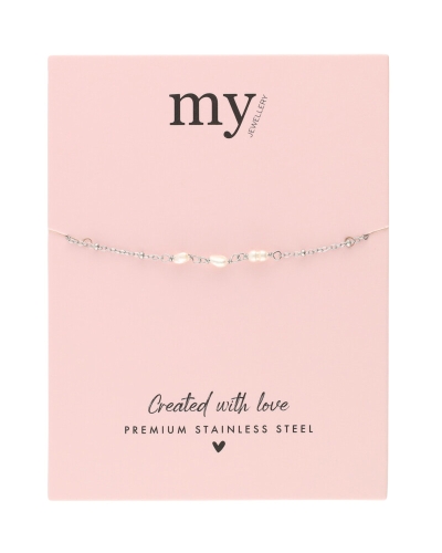 ARMBAND MET DRIE ZOETWATERPARELS & BOLLETJES ZILVER