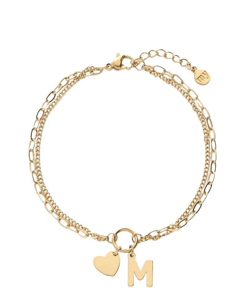 INITIAL DUBBELE ARMBAND MET HARTJE