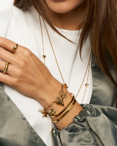 SCHAKELARMBAND MET MULTI BEDELS GOUD