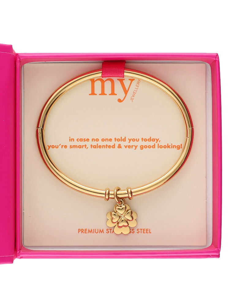 GRATITUDE BANGLE MET KLAVERS GOUD