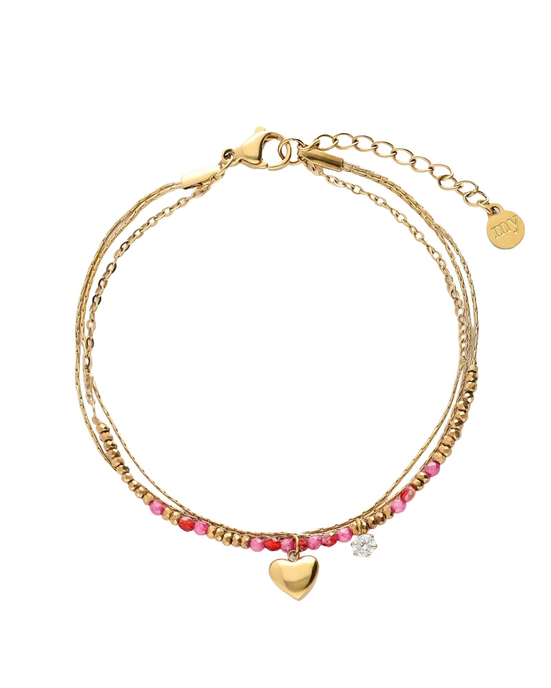 DRIEDUBBELE ARMBAND MET ROZE KRALEN EN HARTJE GOUD
