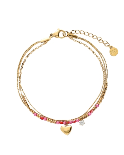 DRIEDUBBELE ARMBAND MET ROZE KRALEN EN HARTJE GOUD
