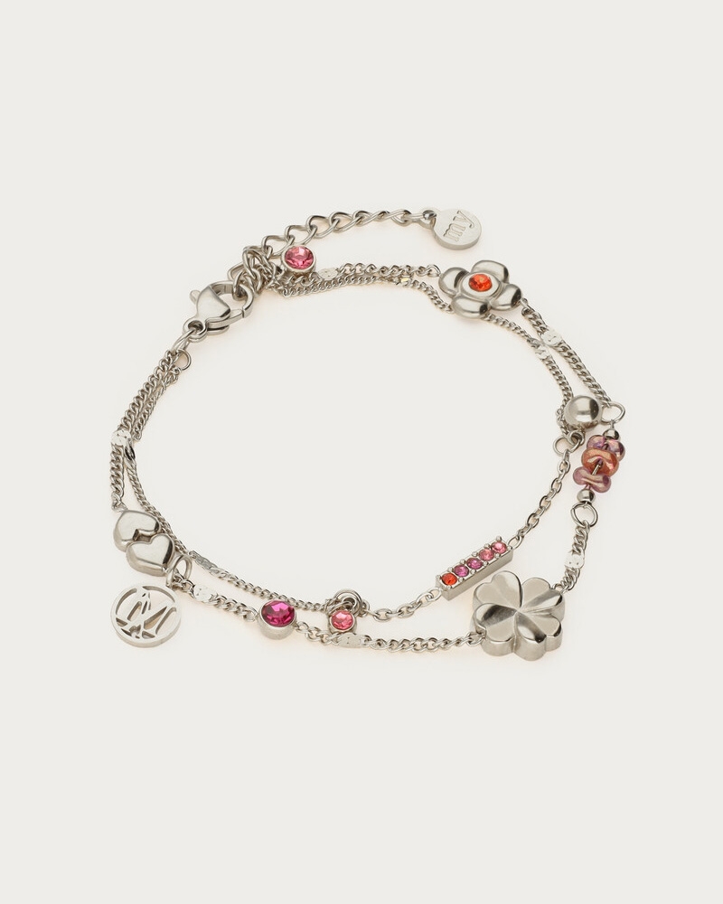 DUBBBELE ARMBAND MET MULTI STRASS EN BEDELS