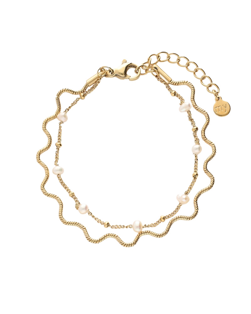 BOLD DUBBELE ARMBAND MET IMITATIEPARELS GOUD