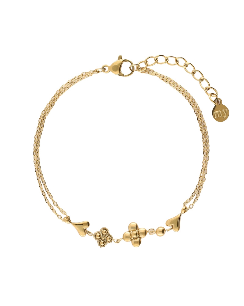 DUBBELE ARMBAND MET VIJF MINIMALISTISCHE BEDELS GOUD 