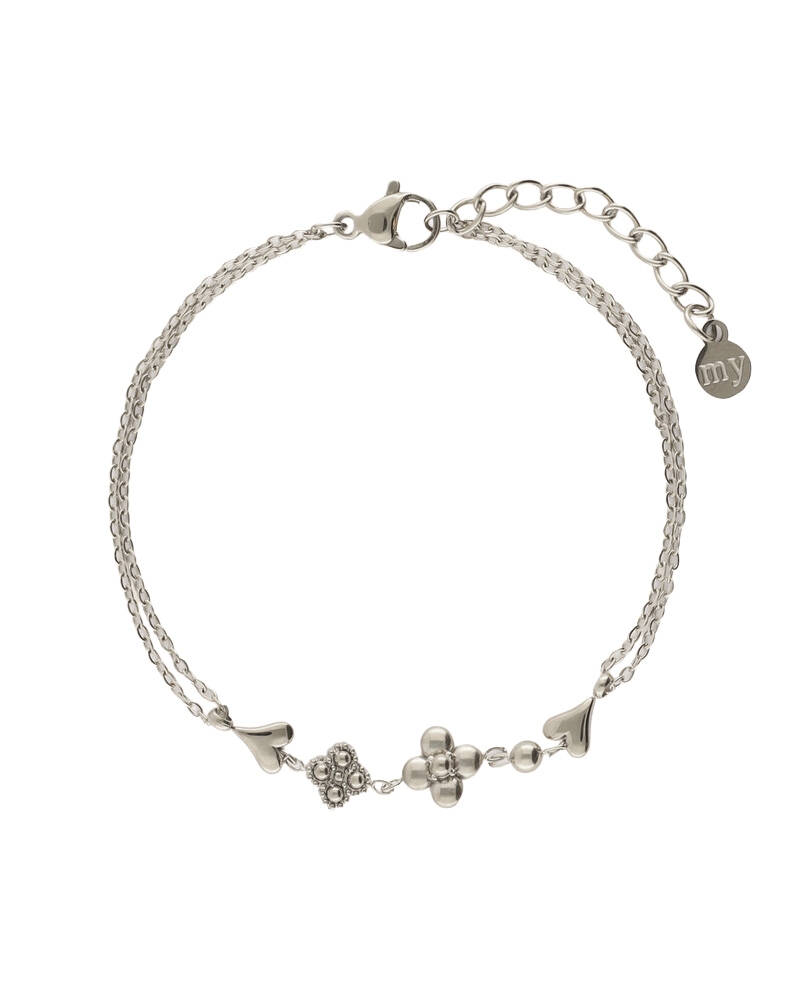 DUBBELE ARMBAND MET VIJF MINIMALISTISCHE BEDELS ZILVER