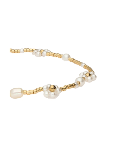 BOTANICAL ELASTIEKEN ARMBAND MET ZOETWATERPAREL BLOEMEN GOUD