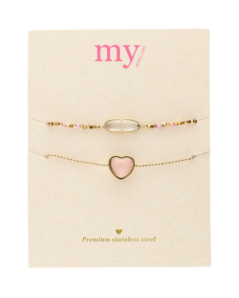 ARMBANDEN SET MET ROZE HARTJE GOUD
