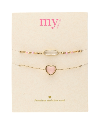ARMBANDEN SET MET ROZE HARTJE GOUD