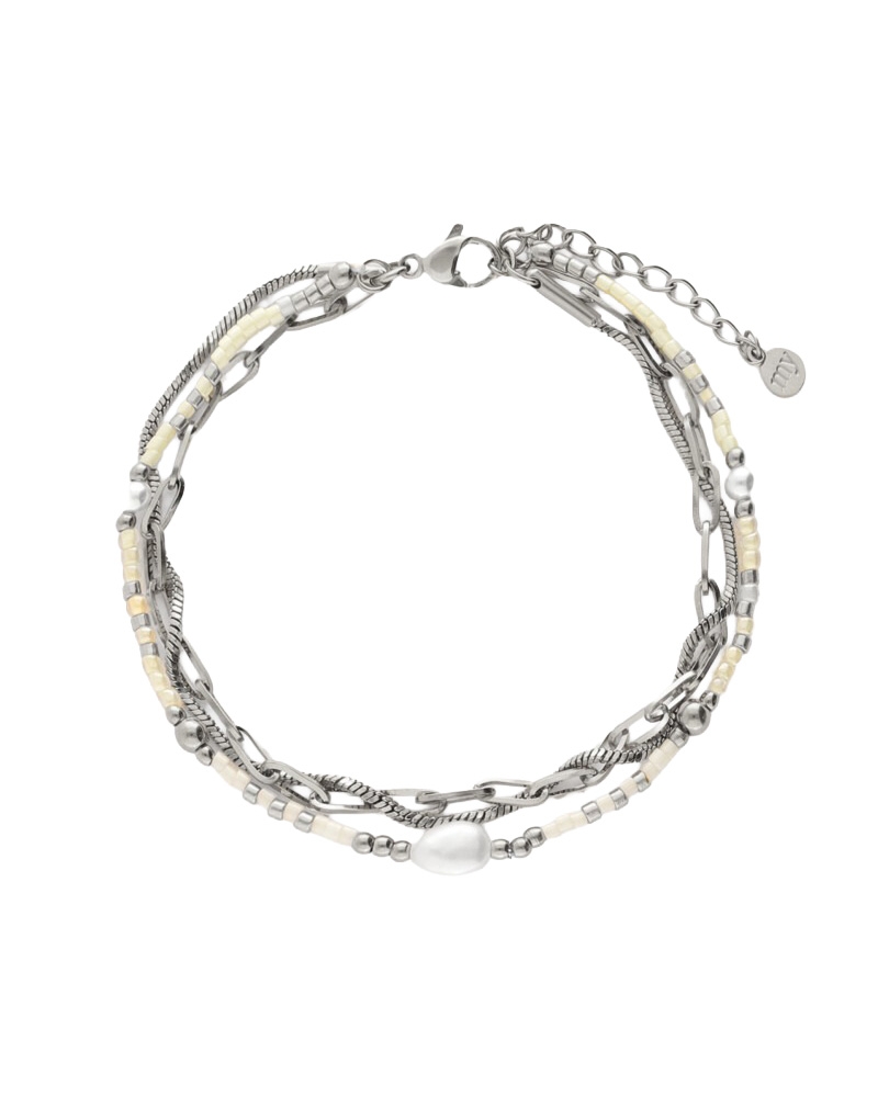 DRIEDUBBELE ARMBAND MET KRALEN EN ZOETWATERPAREL ZILVER