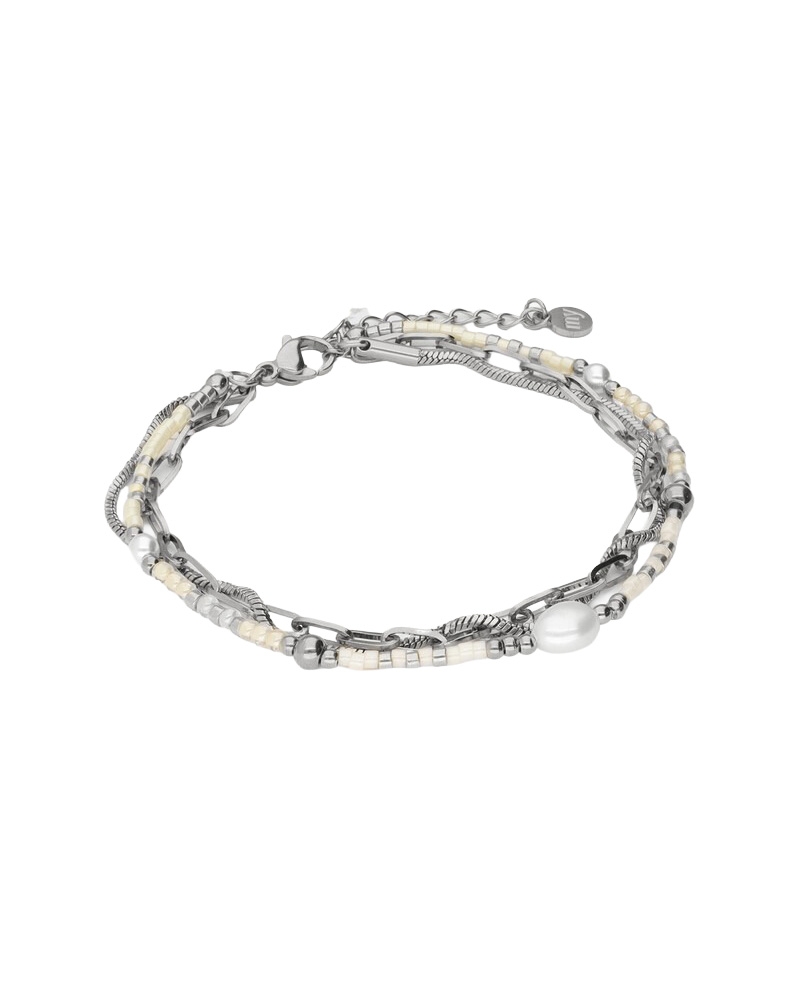 DRIEDUBBELE ARMBAND MET KRALEN EN ZOETWATERPAREL ZILVER