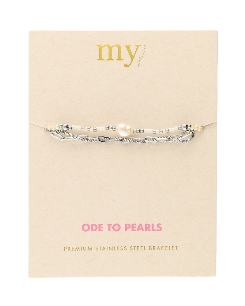 DRIEDUBBELE ARMBAND MET KRALEN EN ZOETWATERPAREL ZILVER