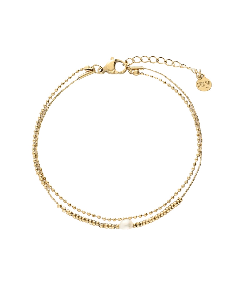 DUBBELE ARMBAND MET KRALEN EN NATUURLIJKE PAREL GOUD