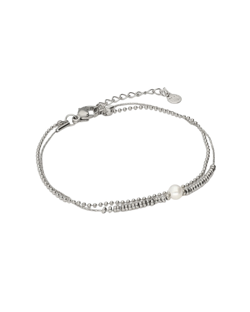DUBBELE ARMBAND MET KRALEN EN NATUURLIJKE PAREL ZILVER