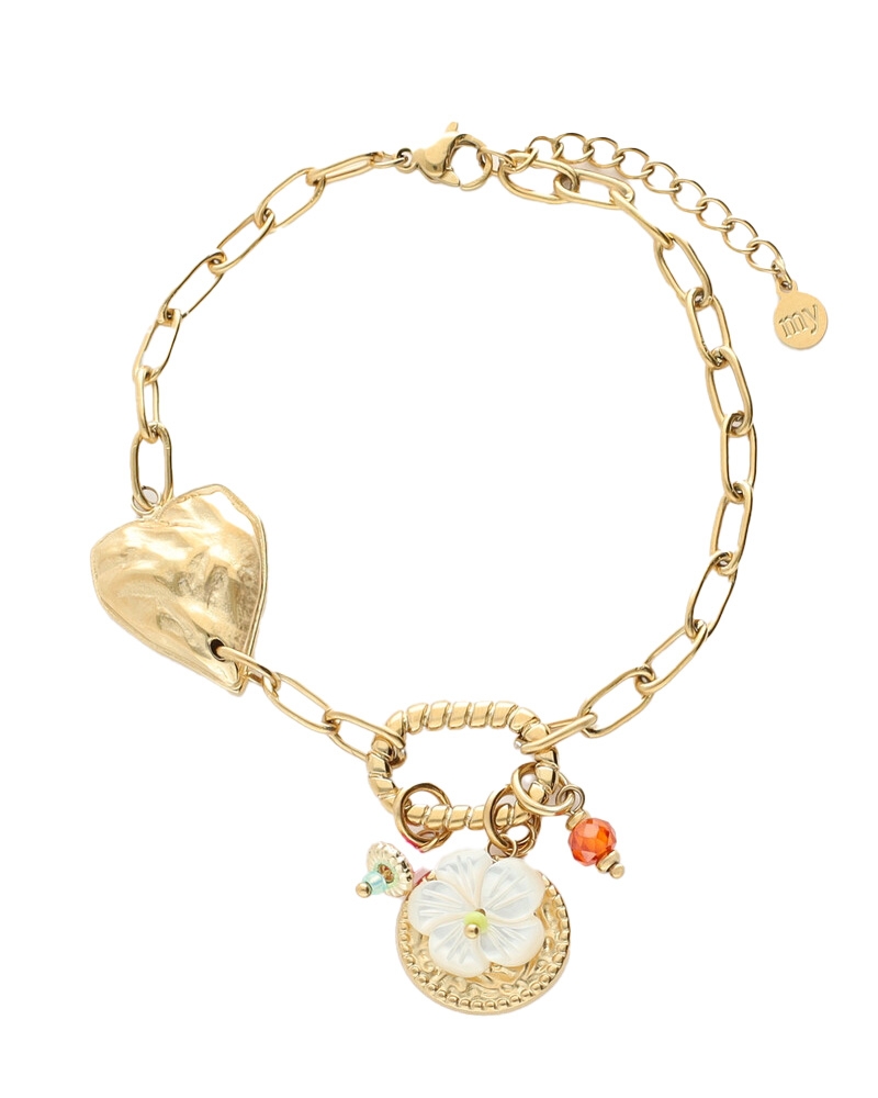 SCHAKELARMBAND MET HARTJE EN MULTI BEDELS