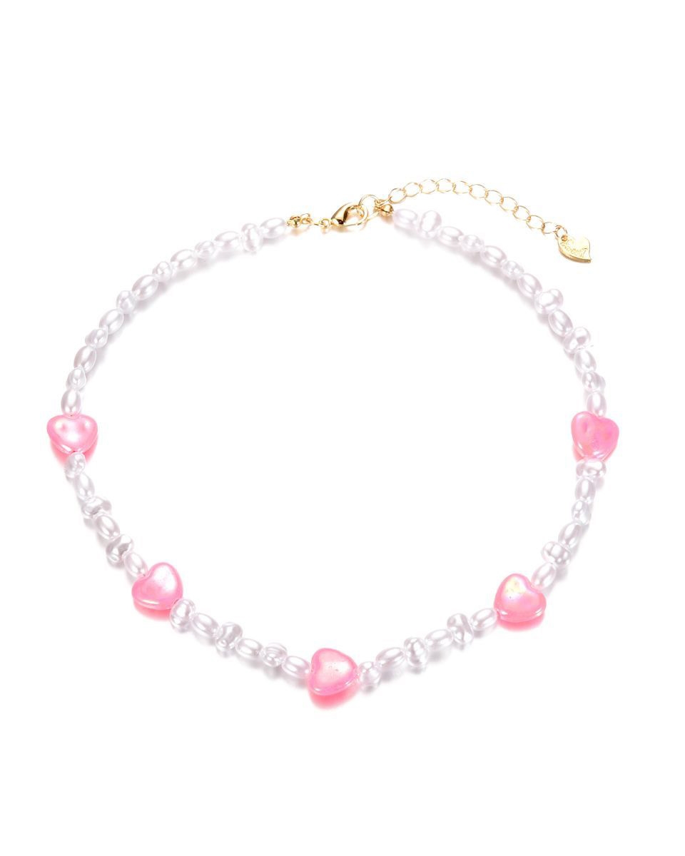 MEISJES KETTING PARELS EN HARTJE ROZE