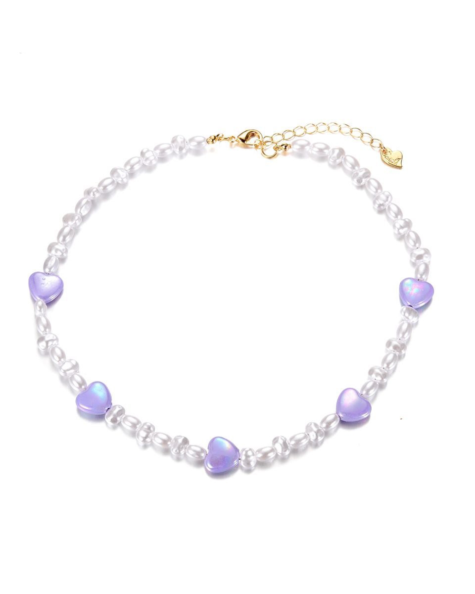 MEISJES KETTING PARELS EN HART LILA