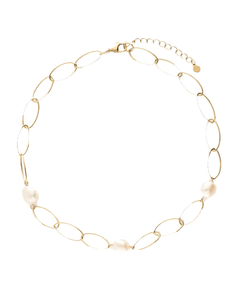 BOLD SCHAKELKETTING MET ZOETWATERPARELS  GOUD