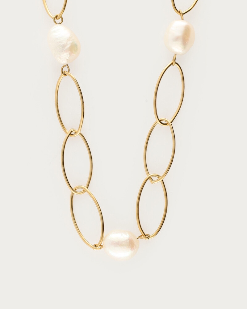BOLD SCHAKELKETTING MET ZOETWATERPARELS  GOUD