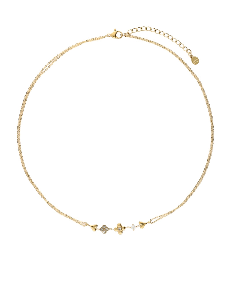 DUBBELE KETTING MET VIJF BEDELS EN STRASS GOUD