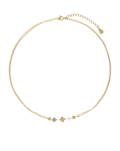 DUBBELE KETTING MET VIJF BEDELS EN STRASS GOUD