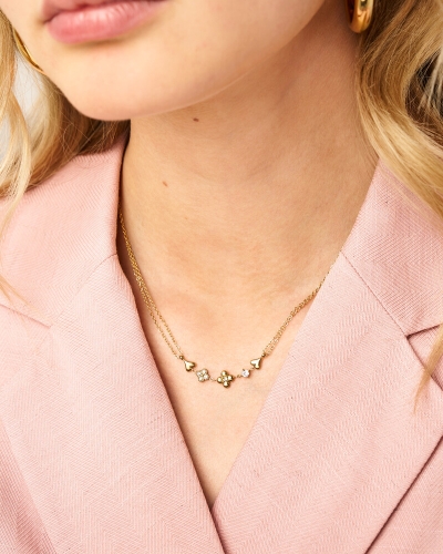 DUBBELE KETTING MET VIJF BEDELS EN STRASS GOUD