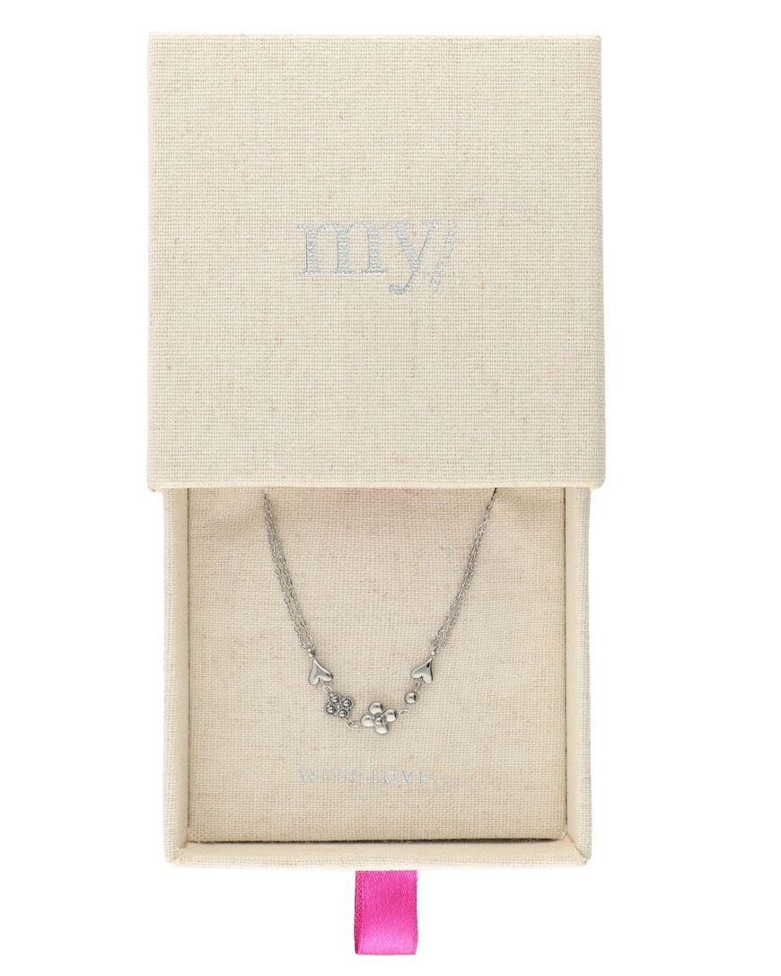 DUBBELE KETTING MET VIJF MINIMALISTISCHE BEDELS ZILVER