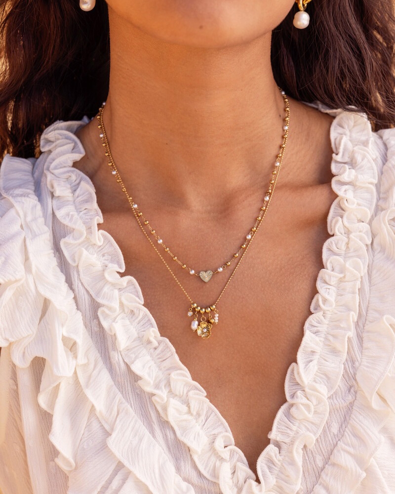 KETTING MET HARTJE EN IMITATIEPARELS GOUD