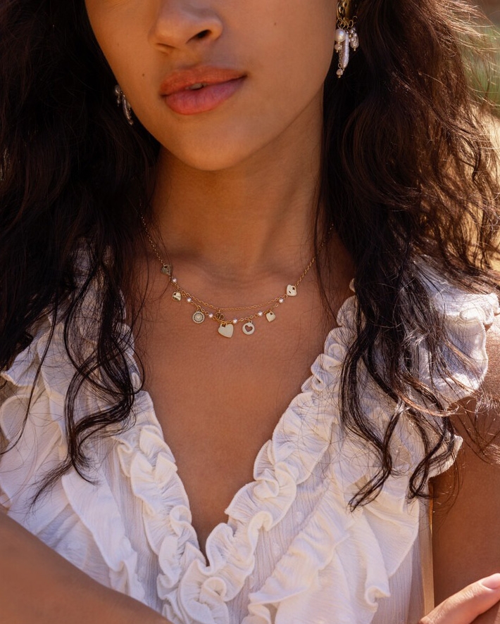 KETTING MET HARTJES EN IMITATIEPARELS GOUD