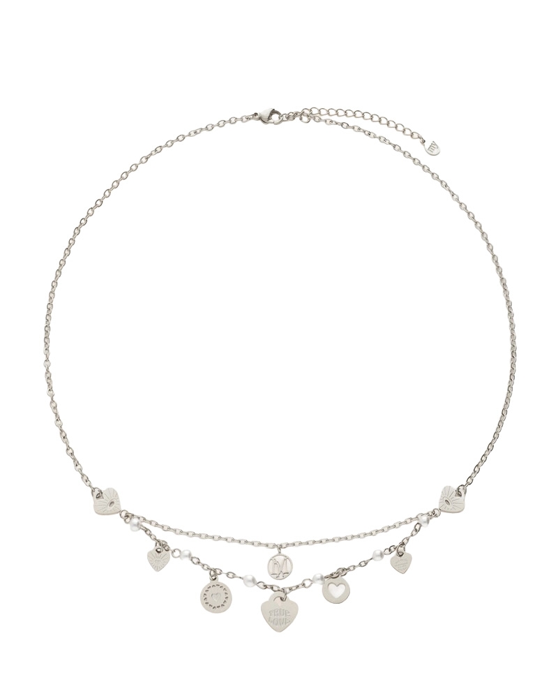 KETTING MET HARTJES EN IMITATIEPARELS ZILVER